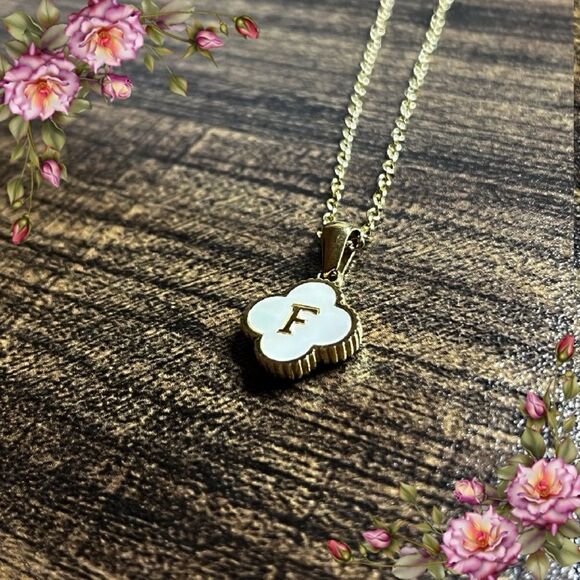 14K Gold Plated Stainless Steel Initial Necklaces “F” Four Leaf Clover Necklace - Picture 11 of 11